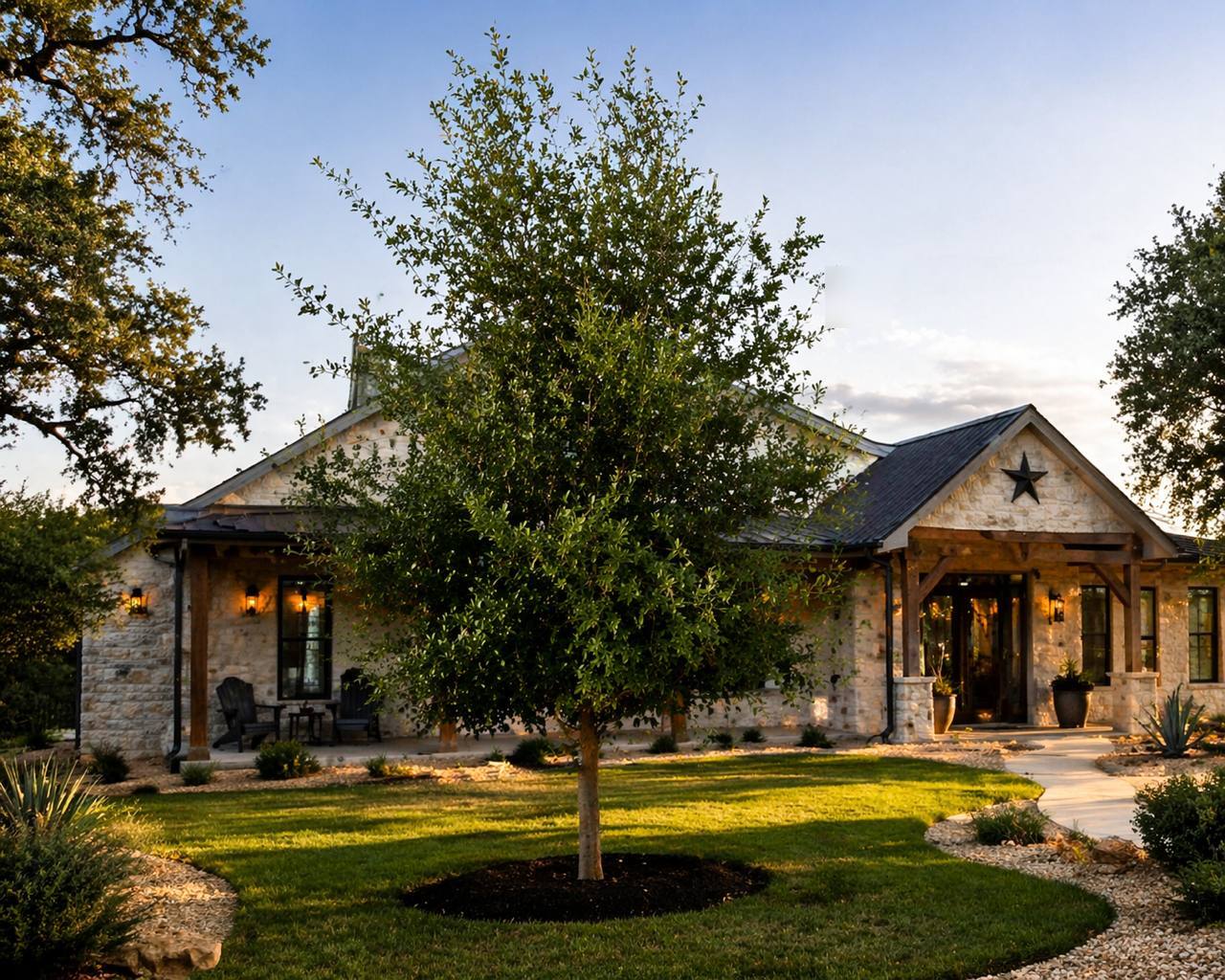Hill Country stone home with a freshly planted tree at golden hour