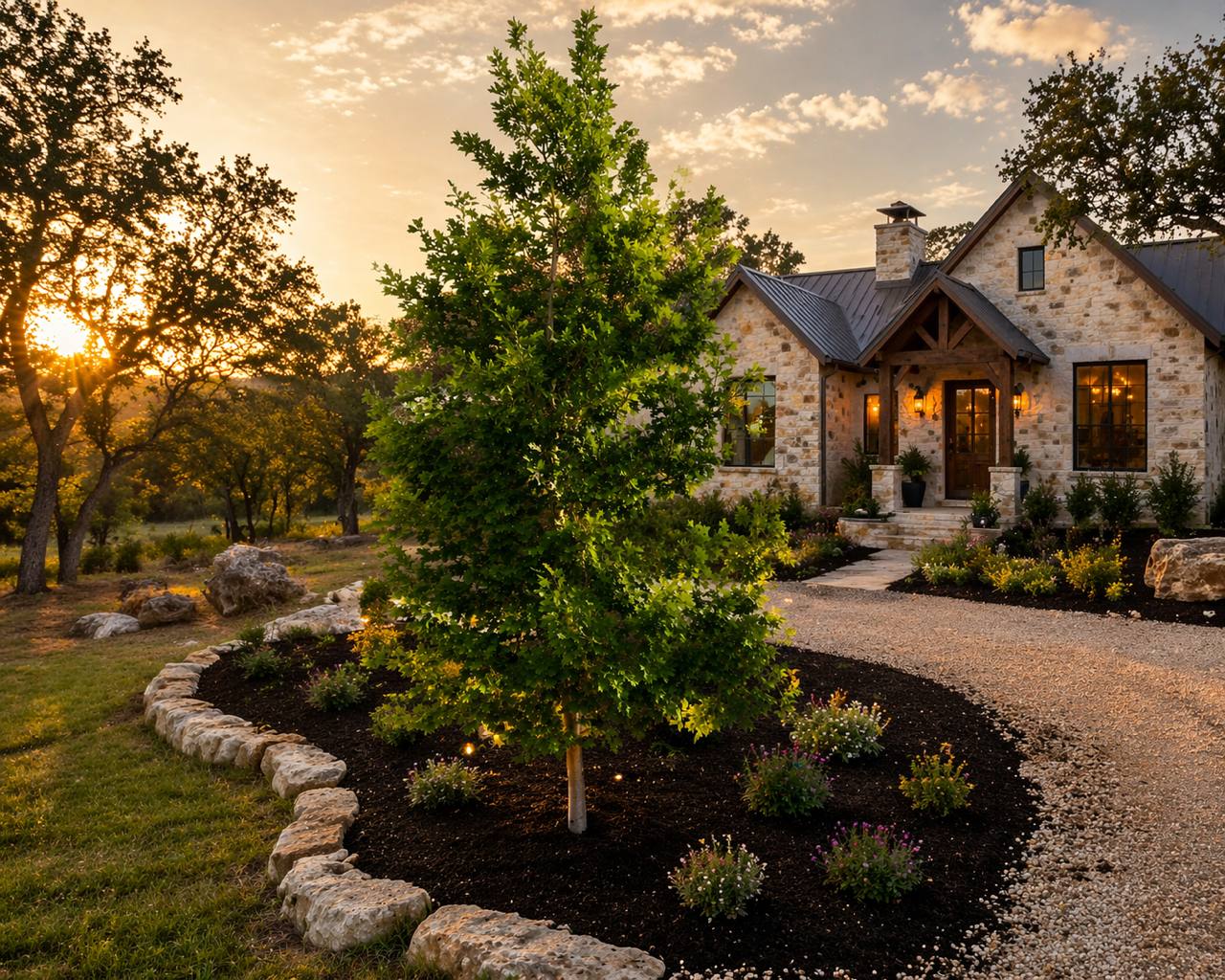 Hill Country home at sunset with mature tree installed in front yard
