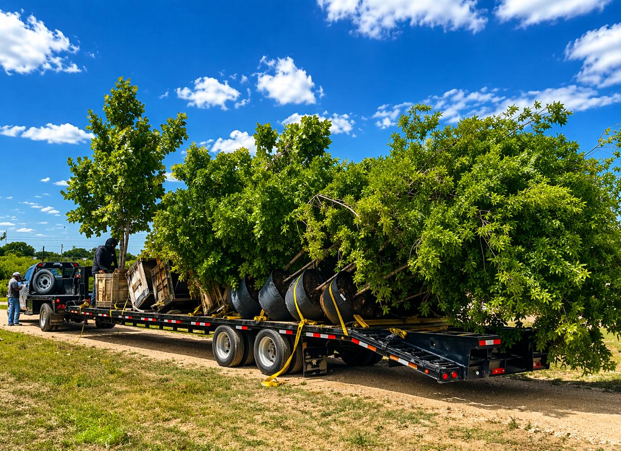 Hill Country Tree Company trailer loaded with premium trees ready for delivery
