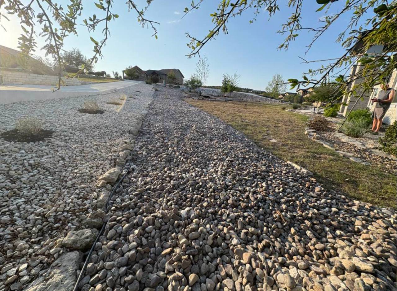 River rock dry stream — close up